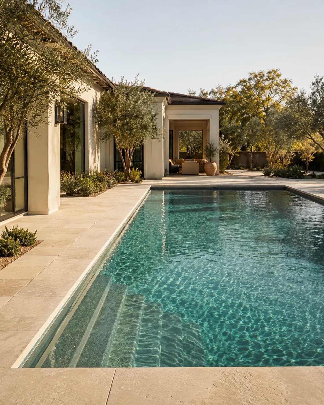 Crystal-clear residential swimming pool beside a modern California home